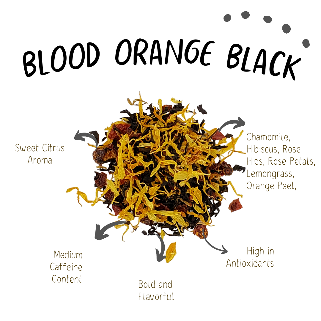 Blood Orange Black tea ingredients - sweet citrus aroma and chamomile