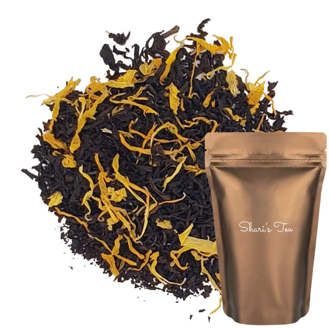 Apricot black tea and marigold leaves with stand pouch of Shari's Tea
